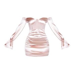 DUSTY PINK BARDOT SATIN MESH INSERT RUCHED BODYCON...